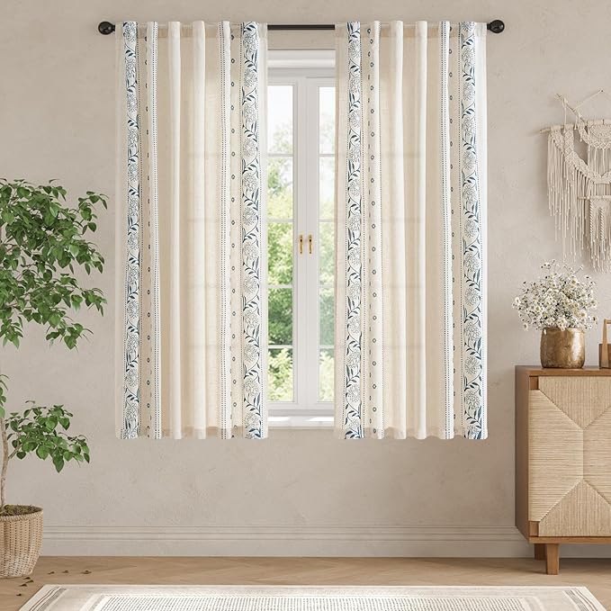 jinchan Winslow Linen Curtains for Bedroom 63 Inches Length Embroidered Bordered Floral Curtains for Living Room Farmhouse Decor Light Filtering Window Treatments Blue on Beige Drapes 2 Panels
