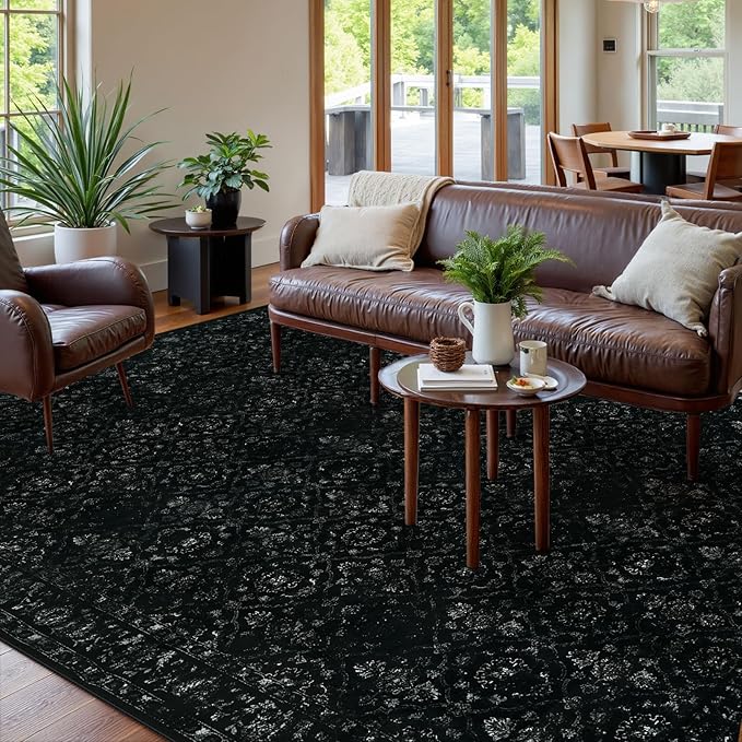Hedlive Vintage Black Rug for Living Room 9x12, Ultra-Thin Washable Large Area Rugs for Dining Room Non Slip, Stain Resistant Bedroom Rug for Home High Traffic Area (9'x12', Black)