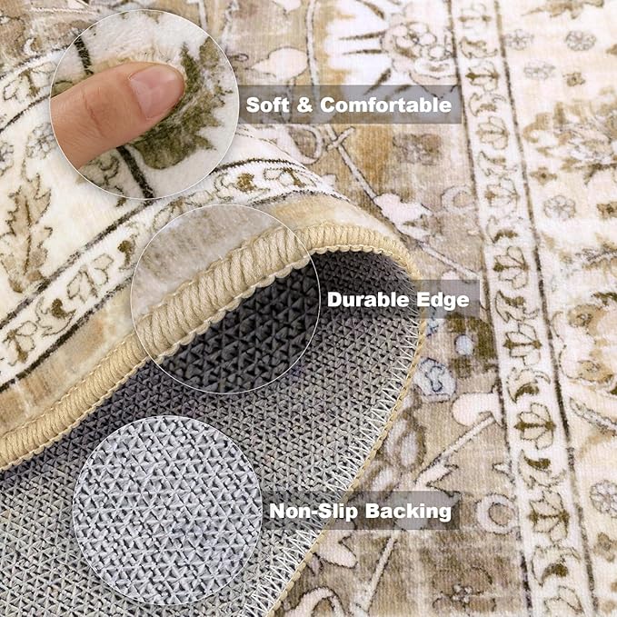 LOKHOM Washable Runner Rug, 3x12 Non-Slip Vintage Kitchen Runner Rug with Rubber Backing, Boho Floral Soft Faux Wool Hallway Rug Carpet Runner for Laundry Entryway Bedroom (Beige Brown)