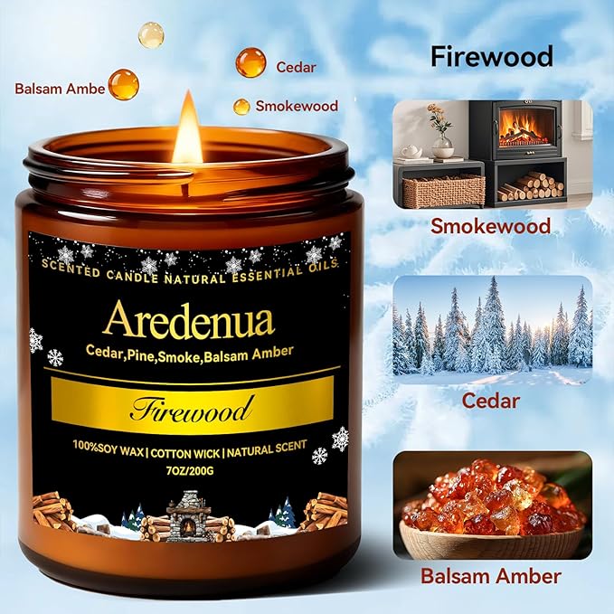 Firewood Scented Candle | Smoky Wood Scent 7oz Soy Candles for Home Cozy Scented, Holiday Aromatherapy Candles | Candle Gifts for Women Men - 50H Clean & Long Lasting Burn