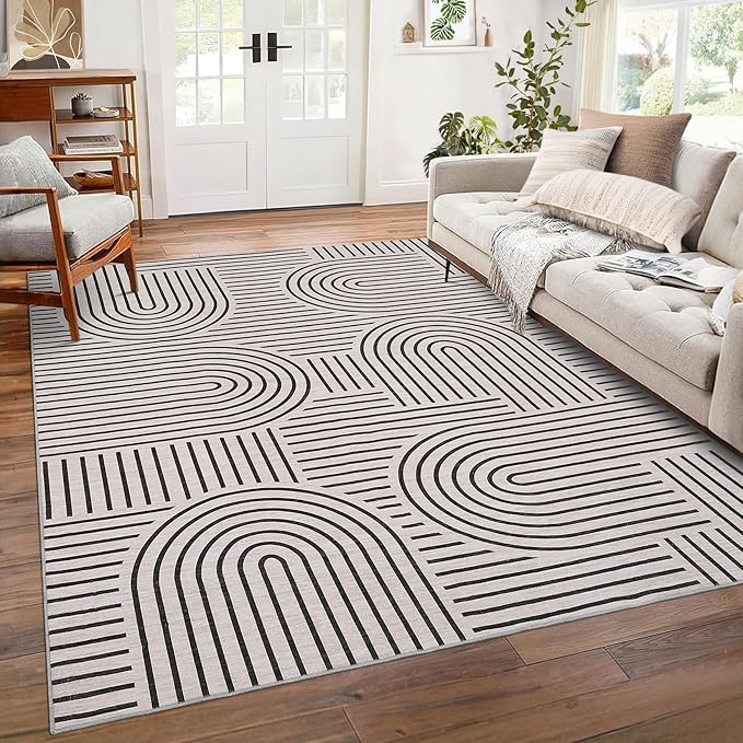 ROYHOME Washable Rug 8x10 Area Rugs for Living Room, Abstract Rug for Bedroom, Soft Rainbow Non Slip Rugs with Rubber Back, Low Pile Stain Resistant Boho Geometric Carpet for Dining Room, Light Camel