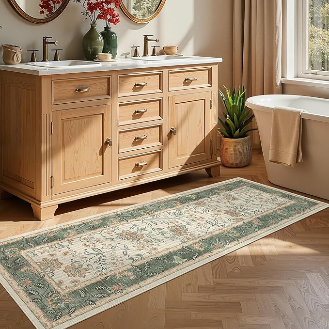 GarveeHome 2x6 Washable Runner Rug for Bedroom, Soft Botanical Floral Kitchen Runner with Non Slip Backing Sage Green Farmhouse Laundry Mat Stain Resistant Carpet for Hallway Bathroom Beside Rug