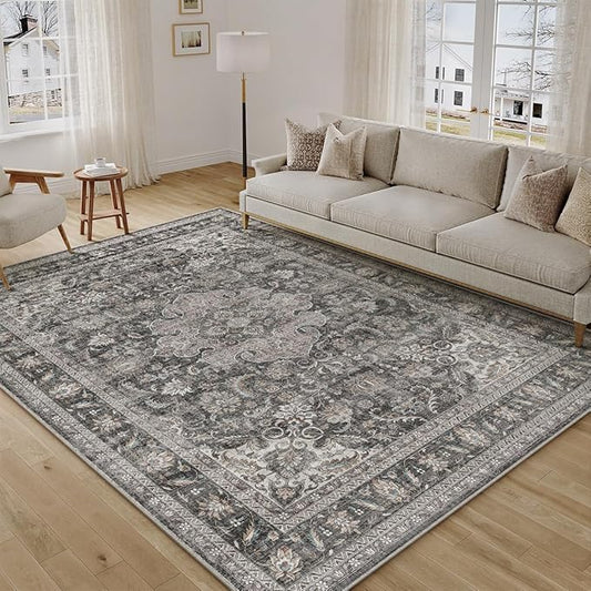 6x9 Washable Area Rug Black Grey Vintage Non Slip Soft Medium Pile Rug for Living Room Bedroom Dining Room Office Distressed Oriental Indoor Throw Carpet for Home Decor