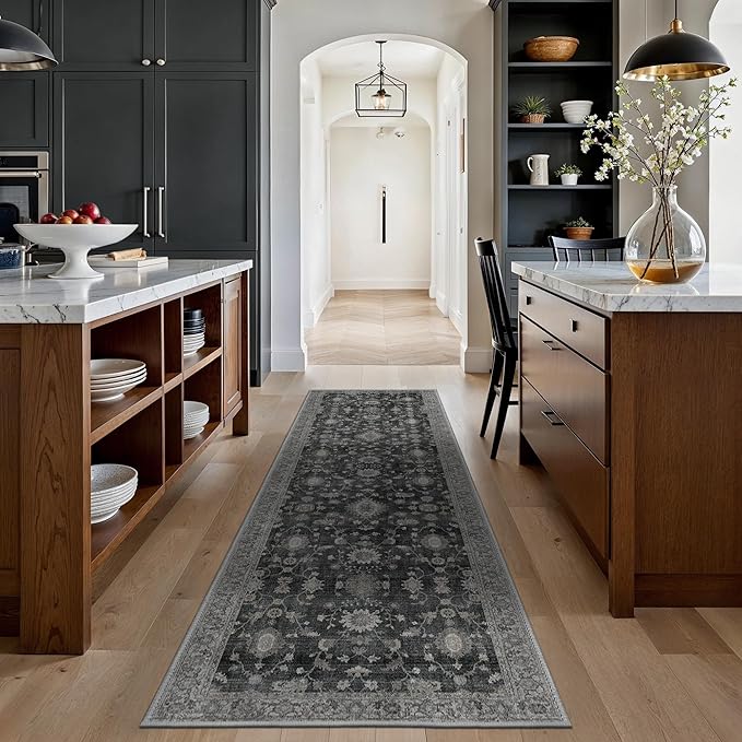 GENIMO Runner Rug for Hallways Machine Washable, 3x10 Non Slip Boho Vintage Lightweight Washable Runners, Thin Floor Rugs for Entryway Hallway Bathroom Laundry Room Corridor, Charcoal