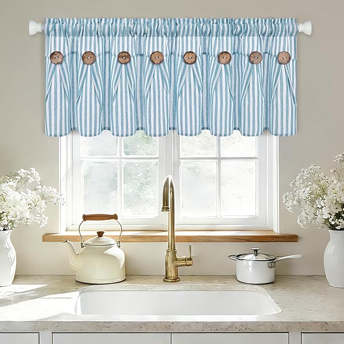 ASPMIZ Farmhouse Cotton Linen Valances for Windows, Blue Striped Kitchen Curtains Valances with Rustic Buttons, Boho Window Valance for Living Room, Valance Curtains for Bathroom, 52 x 18 Inches