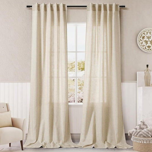 Extra Long Tan Beige Curtains 120 inch Length 2 Panels Set Back Tab Neutral Farmhouse Drapes Light Filtering Semi Sheer Linen Curtain 120 inches Long for Floor to Ceiling Window Patio Sliding Door