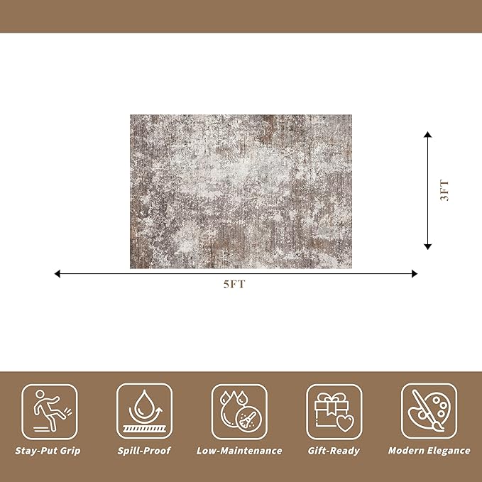 3x5 Washable Entryway Rug – Non-Slip Rubber Backed Small Area Rug for Kitchen, Bedroom, Living Room, Office – Soft Low-Pile Thin Modern Abstract Neutral Throw Rug (Brown Beige, 3x5)