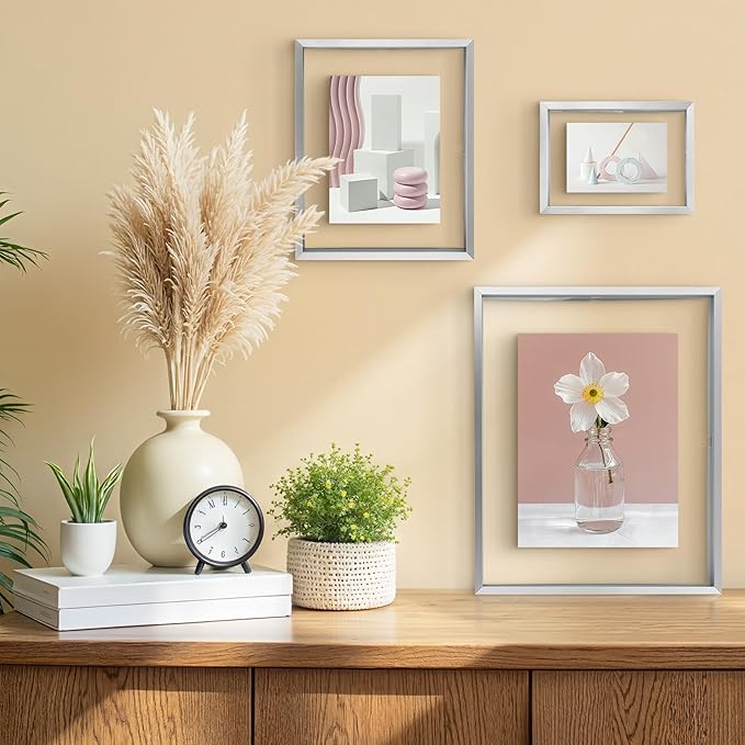 Frametory, Floating Picture Frames Set - Silver Metal Photo Frames - Real Glass - Displays One 11X14, Two 8X10, And Four 5X7 Inch Photos for Home Decoration