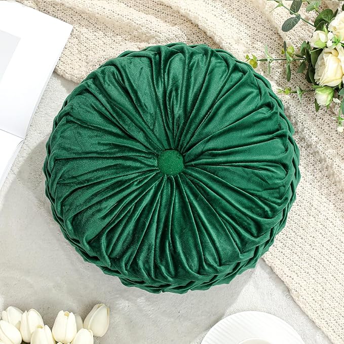 Drydiet 1 Pcs Round Throw Velvet Pillows Decorative Pleated Throw Pillows 15'' Diameter Accent Pumpkin Boho Chair Cushion for Couch Sofa Home Decoration (Deep Teal)