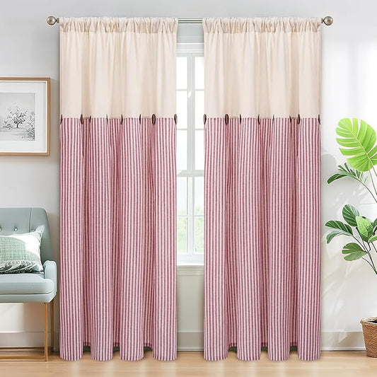 ASPMIZ Cotton Linen Curtains for Living Room, Rod Pocket & Back Tab Boho Curtains for Bedroom Red, Country Farmhouse Striped Curtain with Rustic Buttons, Home Decor, 52 x 84 Inch, 2 Panels