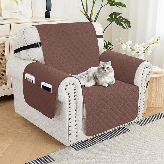 XINEAGE Quilted Chair Sofa Cover Waterproof Chair Covers for Armchair, Super Soft Washable Slipcover with Pockets & Non-Slip Elastic Straps, Thick Furniture Protector (Coffee)