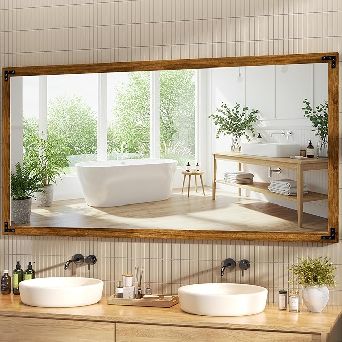 Hasipu Farmhouse Bathroom Mirror, 60"x30" Rustic Wood Framed Wall Mounted Mirror, Walnut Vintage Vanity Mirror Modern Farmhouse Style Decrative Mirrors