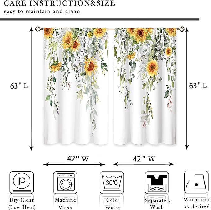 Farmhouse Sunflower Eucalyptus Botanical Leaves Floral Window Curtains Yellow Flower Watercolor Plant Wildflower Curtain Drapes Herb Curtains for Bedroom Living Room Treatment 42Wx63H Inch