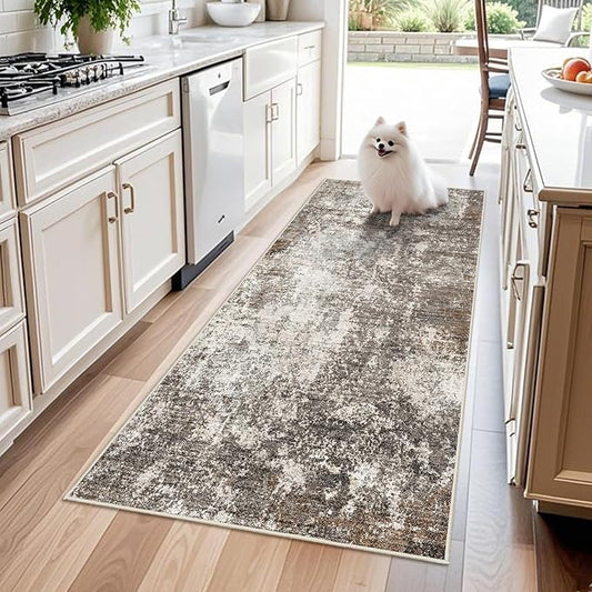 3x6 Non-Slip Washable Entryway Rug - Stain-Resistant Low-Pile Thin Wide Carpet Runner for Kitchen, Hallway, Bathroom | Modern Neutral Abstract(Brown Beige,3x6)