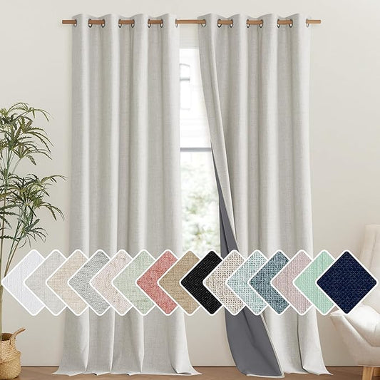 NICETOWN Snowbound Vintage Linen 100% Blackout Curtains for Living Room, Thermal Insulated Curtains 102" Long, Noise Reducing Window Treatment Drapes for Hall Room, 52" Wide Per Panel, Set of 2