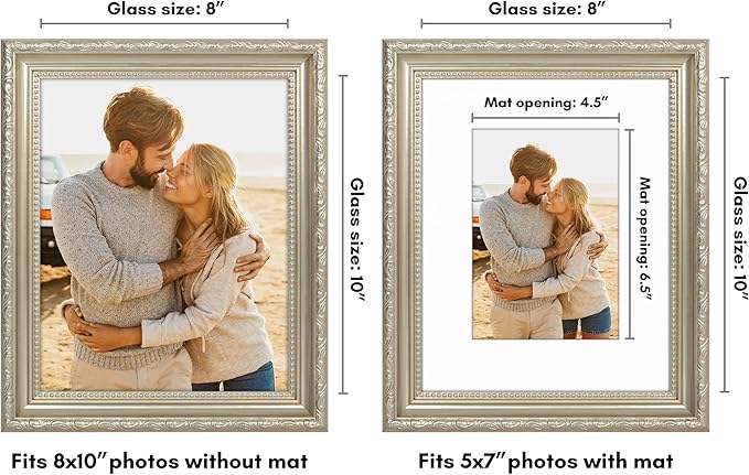 Americanflat 8x10 Picture Frame with Shatter-Resistant Glass - Use as 5x7 Frame with Mat or Display 8x10 Photo Without Mat - Ornate Picture Frames for Wall and Tabletop Display - Silver