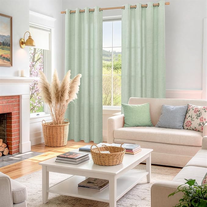 YoungsTex Sage Green Linen Curtains 80 Inches Long for Living Room, Bronze Grommet Textured Semi Sheer Drapes Privacy Light Filtering Window Treatments for Bedroom Dining, 52 x 80 Inch, 2 Panels