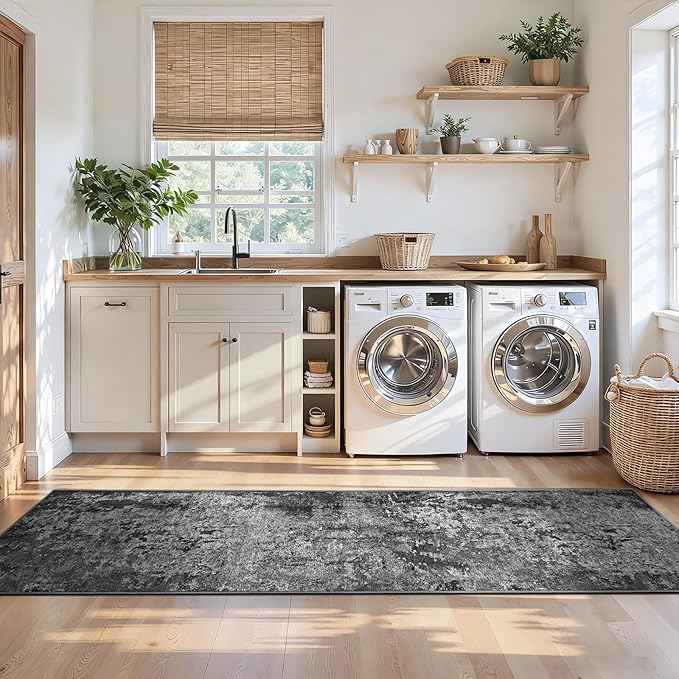 2x10 Black Rug Runners for Hallways Kitchen Runner Rug Non Slip Washable Black Long Runner Rugs with Rubber Backing Soft Abstract Carpet Runner for Bedroom, Kitchen, Bathroom, Entryway