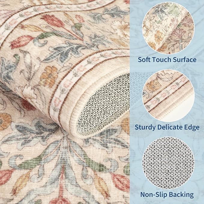 GarveeHome Beige Washable Area Rug 5x7, Retro Floral Low Pile Non Slip Living Room Rug Soft Cottage Core Rug Farmhouse Indoor Carpet for Bedroom Dining Room Playroom