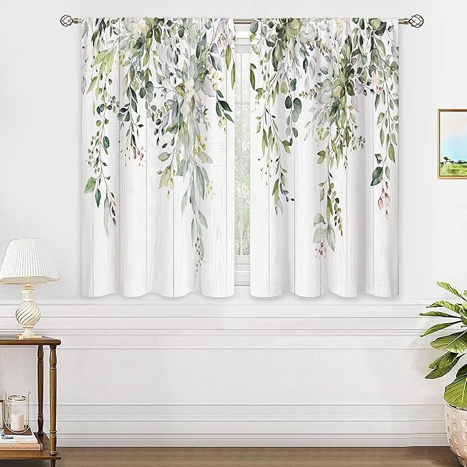 Farmhouse Wooden Eucalyptus Small Kitchen Curtains Watercolor Leaves Window Treatment Flower Floral Plant Botanical Cafe Short Curtains for Bathroom Dining Fall Tier Treatment Drape 26x30 inch