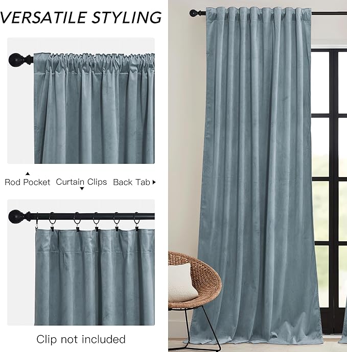 RYB HOME Stone Blue Velvet Curtains 84 inches with Hook Belt, Soft Fabric Room Darkening Thermal Insulated Luxurious Home Decor Curtains for Living Room Bedroom, W 42" x L 84", 2 Panels Set