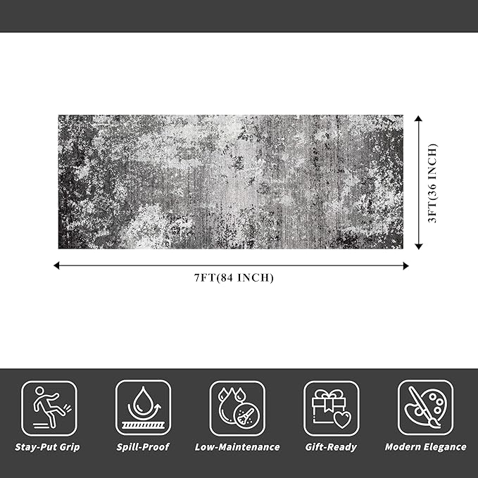 3x7 Kitchen Runner Rug – Washable Non-Slip Modern Abstract Neutral Carpet for Hallway, Entryway, Bedroom, Bathroom – Low-Pile Thin Stain-Resistant Wide Floor Runner (Black Grey,3x7)