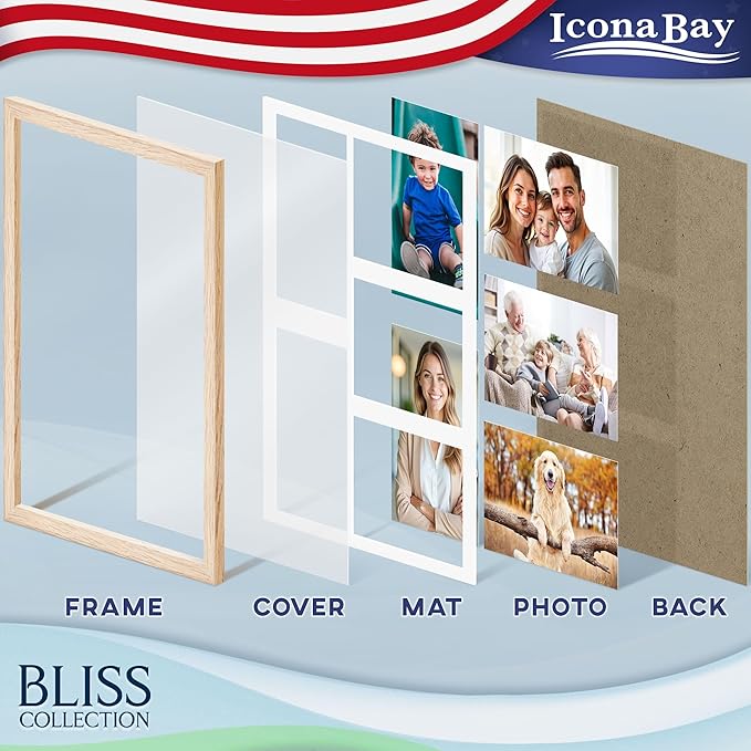 Icona Bay - 11x14 Light Oak Collage Picture Frame with Removable Mat for 5-4x6 Photos - Modern Style Engineered Wood Frame - Wall Mount Only - Bliss Collection