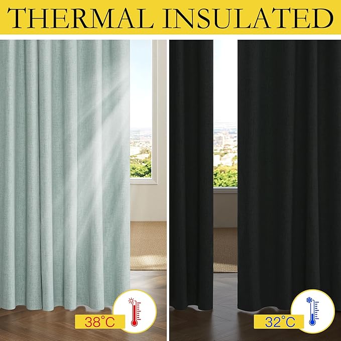 NICETOWN 100% Absolutely Blackout Linen Curtains with Thermal Insulated Liner, Seafoam Green, 62" Wide, 120" Length Energy Saving Curtains for Living Room 2 Panels Set, Vertical Blinds