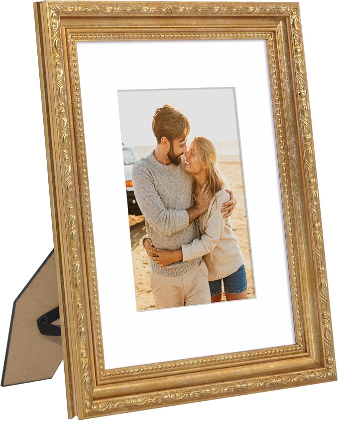 Americanflat 8x10 Picture Frame with Shatter-Resistant Glass - Use as 5x7 Frame with Mat or Display 8x10 Photo Without Mat - Ornate Picture Frames for Wall and Tabletop Display - Gold