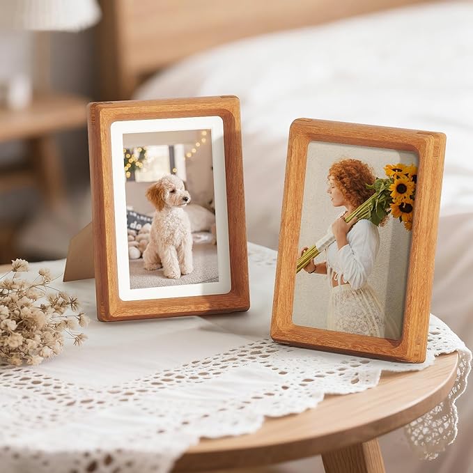 Fun Memories 4x6 Picture Frame, USA-Sourced Teak Wood Photo Frames with HD Tempered Glass, Handcrafted Rounded Corner 4 x 6 Wooden Frame Matted to 3.5x5 Photos, 4x6 Frames, Tabletop or Wall Display