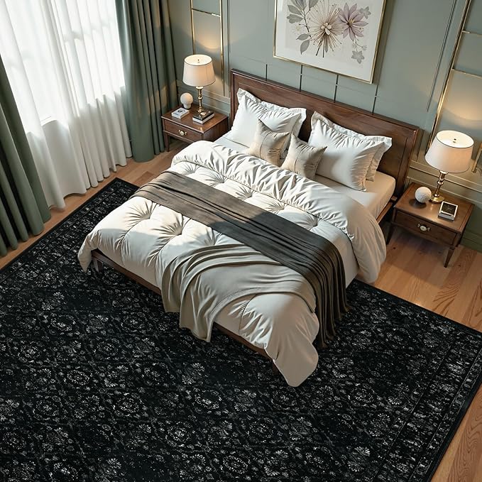 Hedlive Vintage Black Rug for Living Room 9x12, Ultra-Thin Washable Large Area Rugs for Dining Room Non Slip, Stain Resistant Bedroom Rug for Home High Traffic Area (9'x12', Black)