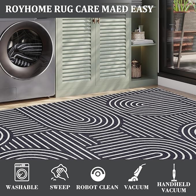 ROYHOME Washable Rug 5x7 Area Rugs for Living Room, Abstract Rug for Bedroom, Soft Rainbow Non Slip Throw Rugs with Rubber Back, Low Pile Stain Resistant Boho Geometric Carpet for Dining Room, Black