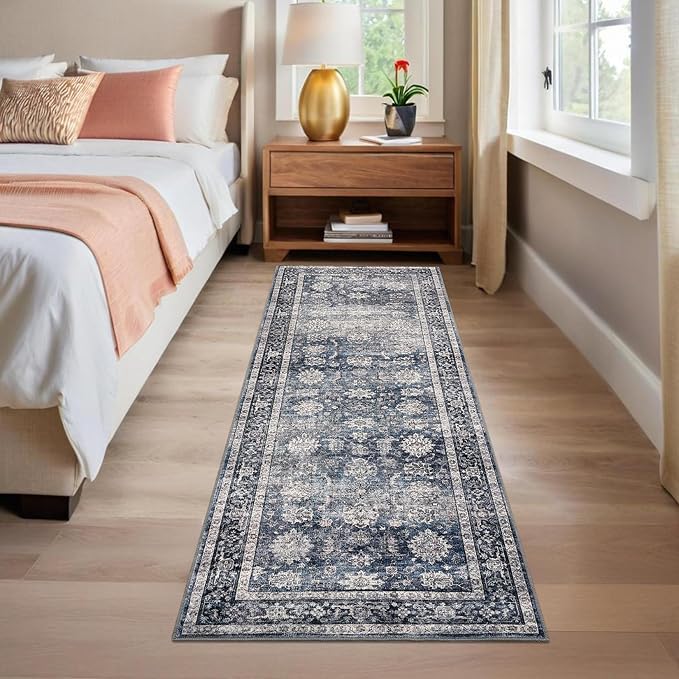 GarveeHome Runner Rugs 2.5x8 Vintage Printed Hallway with Non-Slip Backing, Stain-Resistant Oriental Washable Farmhouse Low Pile Rugs for Kitchen, Laundry, Blue