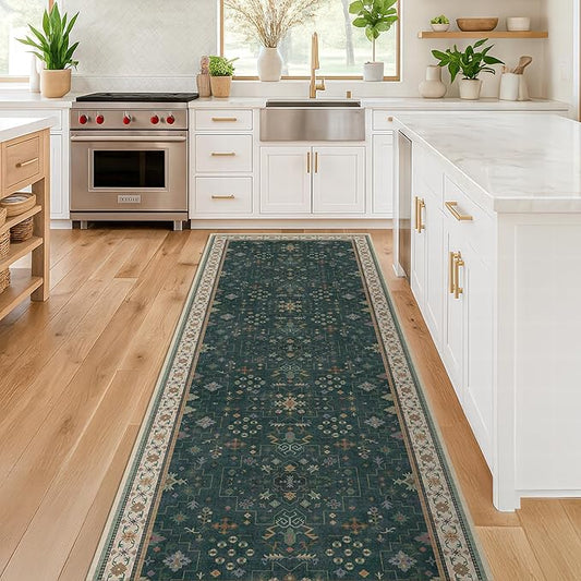 Hazo Haus Dark Green 2x6 Kitchen Rug - Modern Vintage Boho Eclectic Floral with Brown Accent, Washable Low Pile Non-Slip Runner Rugs for Bathroom, Door Mat Indoor Entrance, Hallway, Bedroom, Laundry