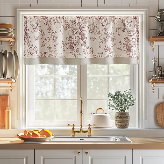 jinchan Linen Floral Valance Double Layer Kitchen Window Curtain Brick Red Flower Valance for Living Room Cafe Farmhouse Light Filtering Rustic Country Curtain 16 Inch Rod Pocket 1 Panel