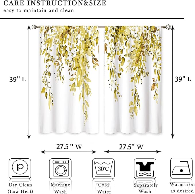 Yellow Eucalyptus Botanical Leaves Floral Kitchen Window Curtains Over Sink Farmhouse Flower Leaf Small Window Treatment Cafe Short Curtains for Bathroom Treatment Tier Drapes 27.5x39 inch