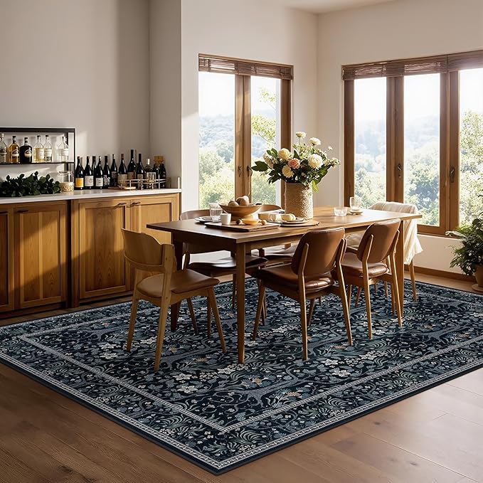 Joydeco Washable 6x9 Area Rugs for Living Room, Large Floral Black Rug for Bedroom Non Slip,Soft Vintage Distressed Stain Resistant Indoor Floor Throw Carpet for Dining Home Office