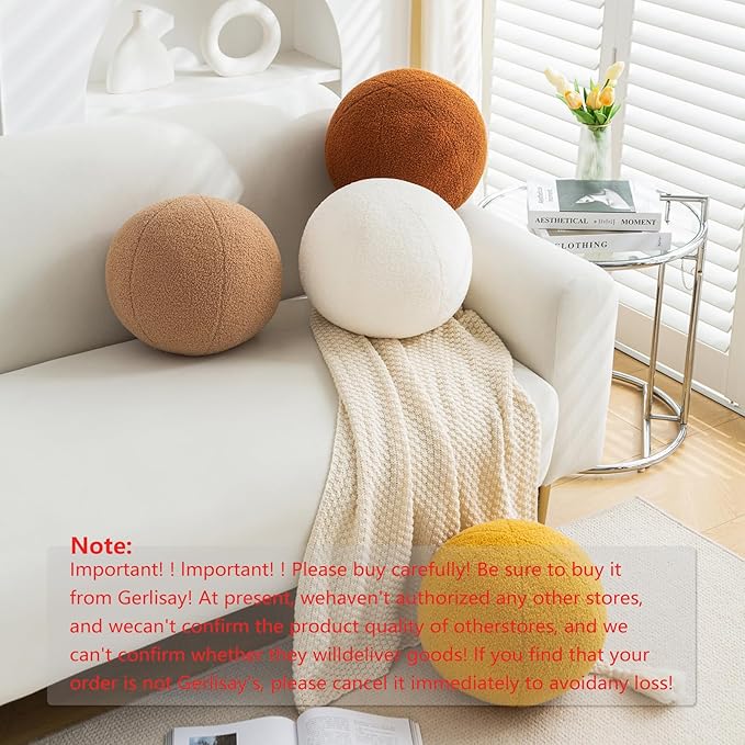 11.8 inch Ball Pillow Nordic Round Throw Pillows Boucle Ball Pillow Sphere Shaped Pillow Round Decorative Pillow for Couch, Sofa, Bedroom (Caramel, 11.8 inch)