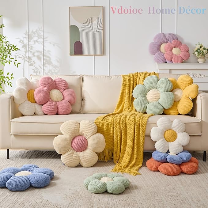 Flower Pillow, Cute Daisy Pillow Ivory Floor Throw Pillow Cushion Seating 15.75" Floor Home Decorative Pillows