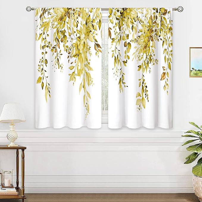 Yellow Eucalyptus Botanical Leaves Floral Kitchen Window Curtains Over Sink Farmhouse Flower Leaf Small Window Treatment Cafe Short Curtains for Bathroom Treatment Tier Drapes 27.5x39 inch