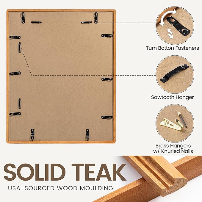 11x14 Picture Frame, USA-Sourced Teak Wood Photo Frames with HD Tempered Glass, Handcrafted Rounded Corner 11 x 14 Wooden Frames Matted to 8x10 Photos, 11x14 Frame, Horizontal or Vertical Wall Display