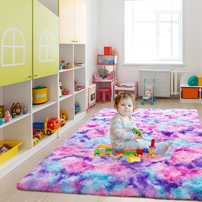 Noahas 5x8 Fluffy Rainbow Rug for Girls Bedroom,Soft Hot Pink and Purple Tie-Dyed Kids Room Rug,Shaggy Area Rugs for Living Room,Fuzzy Colorful Playroom Nursery Rugs Room Decor