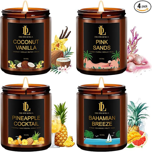 Scented Candles Set, 4 Pack Soy Candles for Home Scented, Candle Gifts for Men Women, Scents of Pineapple Cocktail/Coconut Vanilla/Pink Sands/Bahamian Breeze