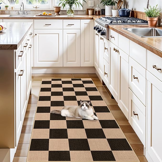 Easy Jute 2x5 Runner Rug: Non Slip Checkered Low Pile Indoor Doormat - Machine Washable for Entryway Kitchen Bathroom - Carpet for Dorms Small Spaces Ideal for Young Families First Home (Black,2x5)