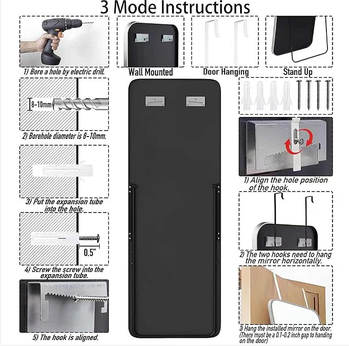 SCWF-GZ 57x20 Door Hanging Full Length Mirror, Floor Stand (Height 5.7ft just Body in1.3ft) Wall Mounted Metal Frame Rectangle Dressing Mirrors for Bedroom Room 57 inch Silver