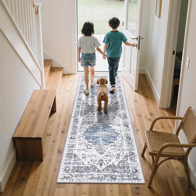 Ileading Washable Hallway Runner Rugs, 2x6 Non Slip Runners Area Rug for Entryway Kitchen Bathroom Bedroom Laundry Living Room, Long Narrow Low-Pile Floor Carpet Boho Vintage Throw Mat for Kids Room ﻿