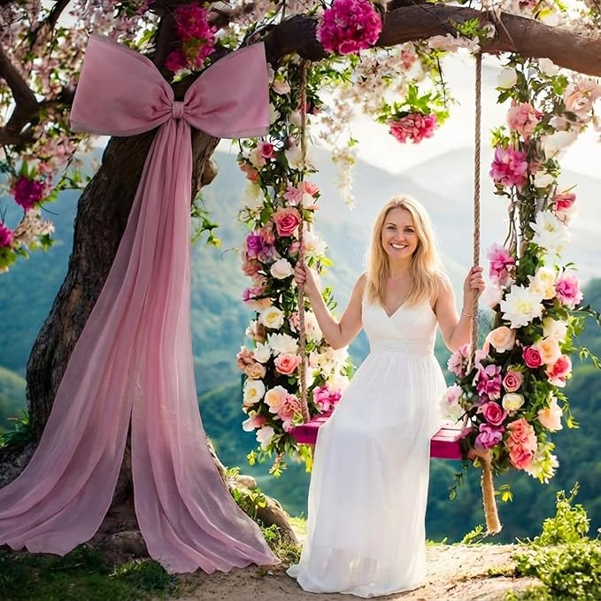 Canlierr Extra Large Pink Organza Bow Decorations 39 x 59 Inch Giant Pink Tulle Bow with Tie and Long Ribbon Tails for Wedding Valentines Party Backdrop Coquette Room Wall Decoration