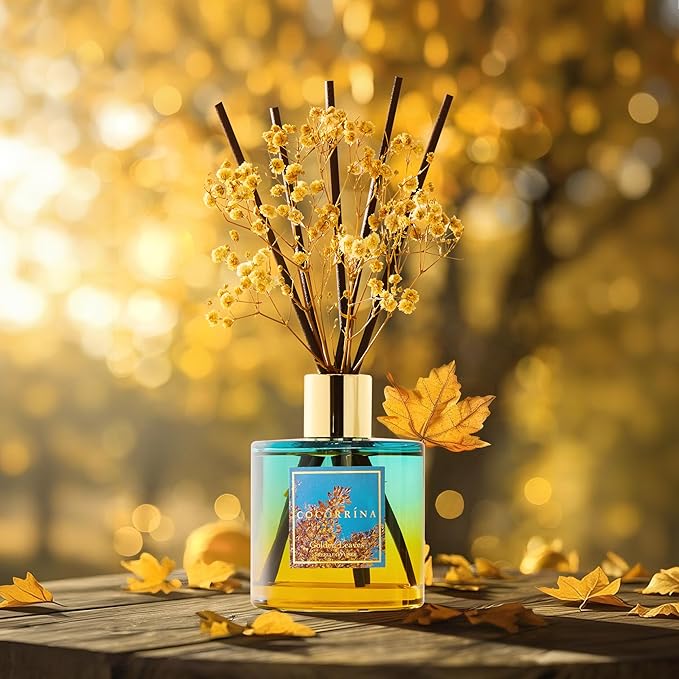 COCORR??NA Reed Diffuser - Golden Leaves Reed Diffuser Set with 8 Sticks & Preserved Baby's Breath, Reed Diffuser for Home Bathroom Shelf Decor