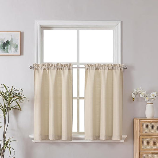 Chyhomenyc Short Curtains 30 Inch Length, Faux Linen Textured Small Kitchen Curtains, Light Filtering Half Window Curtains for Bathroom Basement Cabinet, Each 30x30 Inch, Linen Color