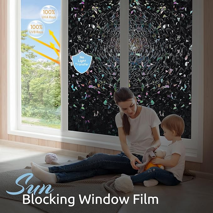 rabbitgoo Window Privacy Film Rainbow Film Decorative Window Sticker, 3D Static Stained Glass Cling Tint for Room Darkening Day Sleep, Black, 17.5 x 157.4 inches